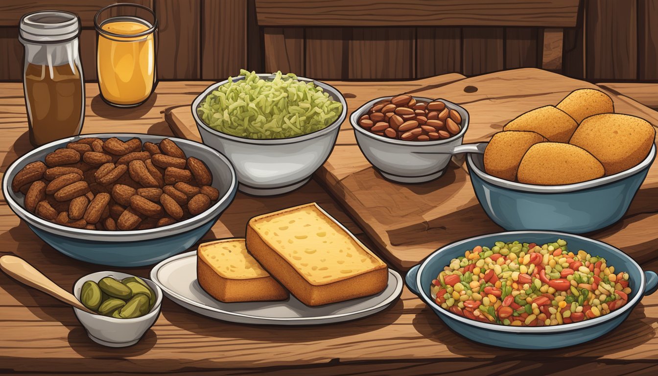 A rustic wooden table set with classic Texas BBQ sides and accompaniments, including cornbread, coleslaw, pickles, and baked beans