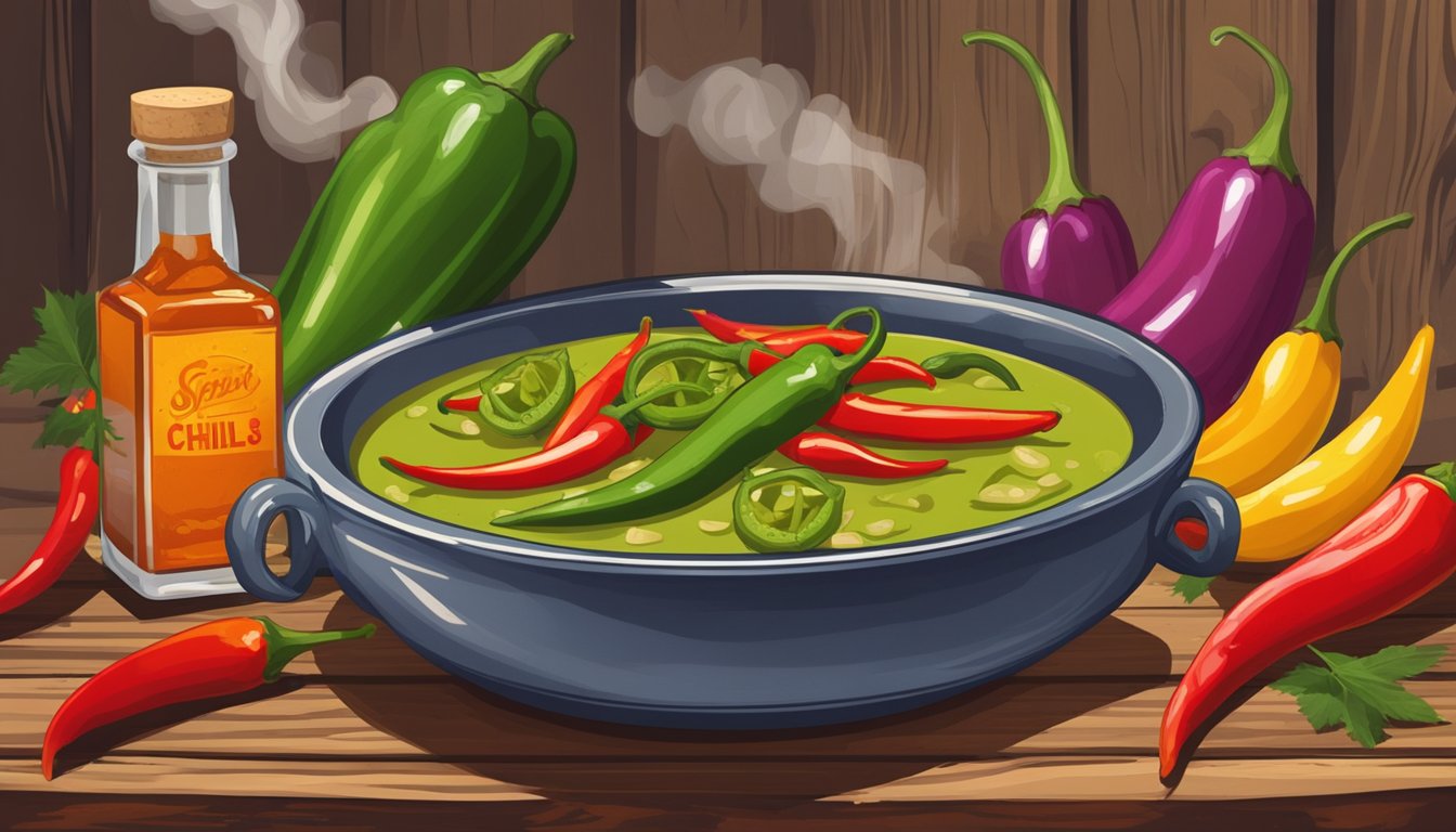 A steaming bowl of Chili Verde sits on a rustic wooden table, surrounded by colorful chili peppers and a bottle of hot sauce. The aroma of the spicy dish fills the air