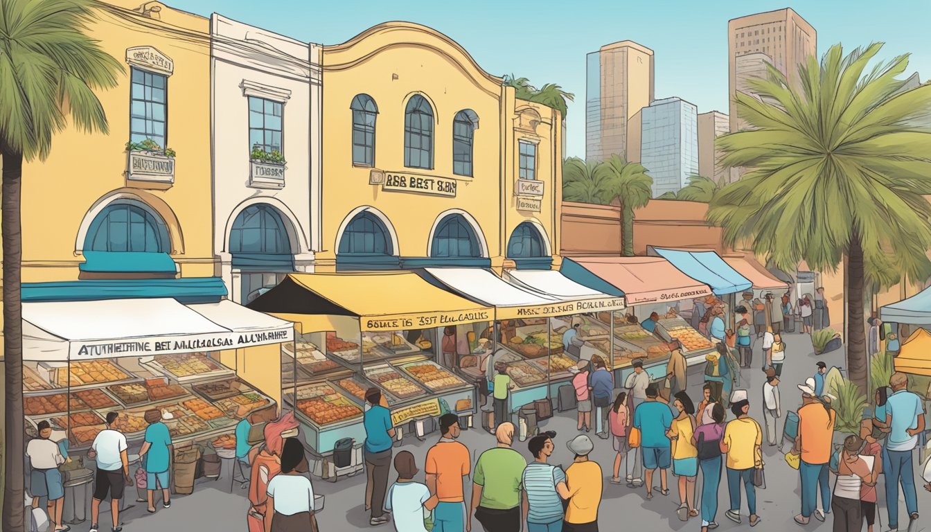 A bustling outdoor market with colorful food stalls and a sign for "BEA's Best Authentic Kolache" in Los Angeles. Customers line up to try the delicious pastries