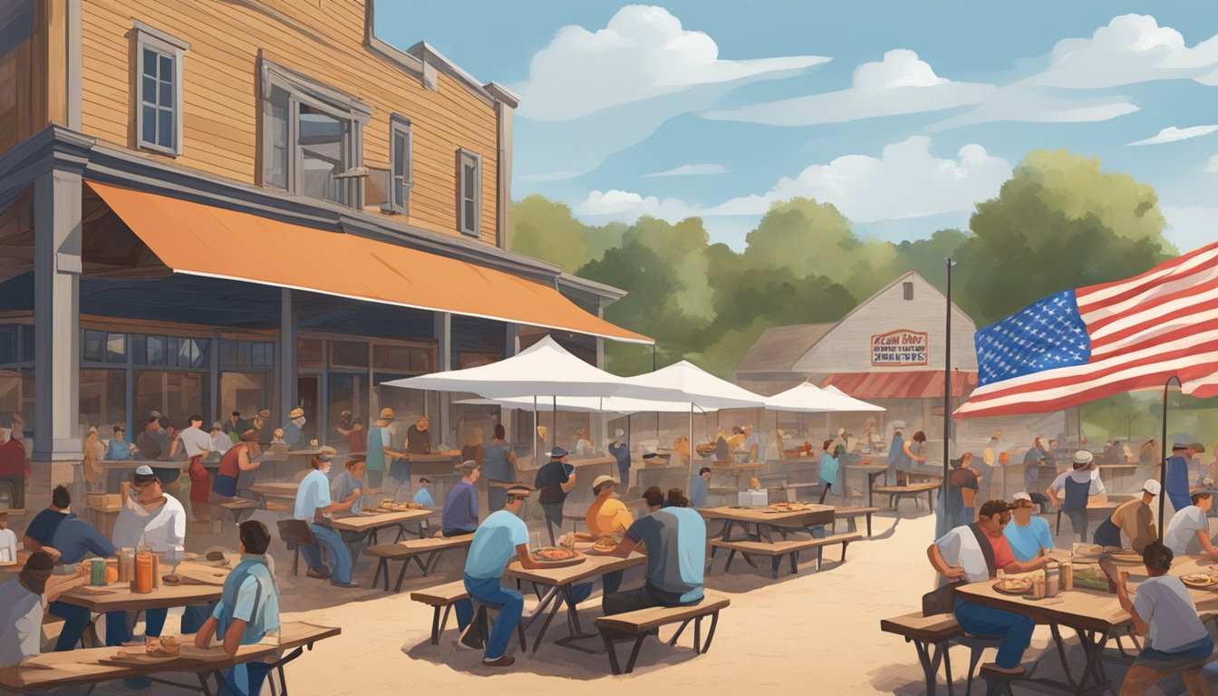 A bustling outdoor barbecue joint with smoke billowing from the pit, picnic tables filled with patrons enjoying ribs and brisket, and a rustic Texas flag flying high