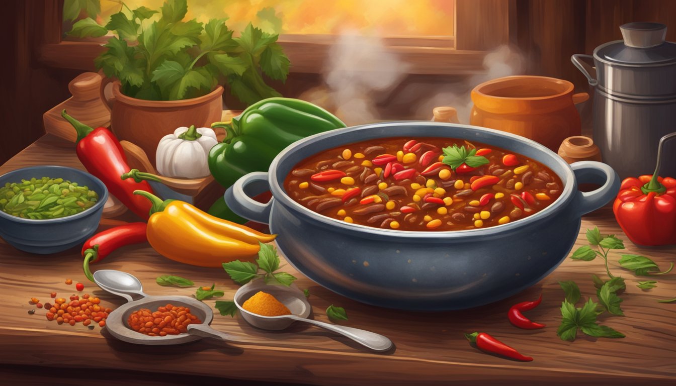 A steaming bowl of Texas-style chili sits on a rustic wooden table, surrounded by colorful peppers and spices. The rich aroma fills the cozy kitchen