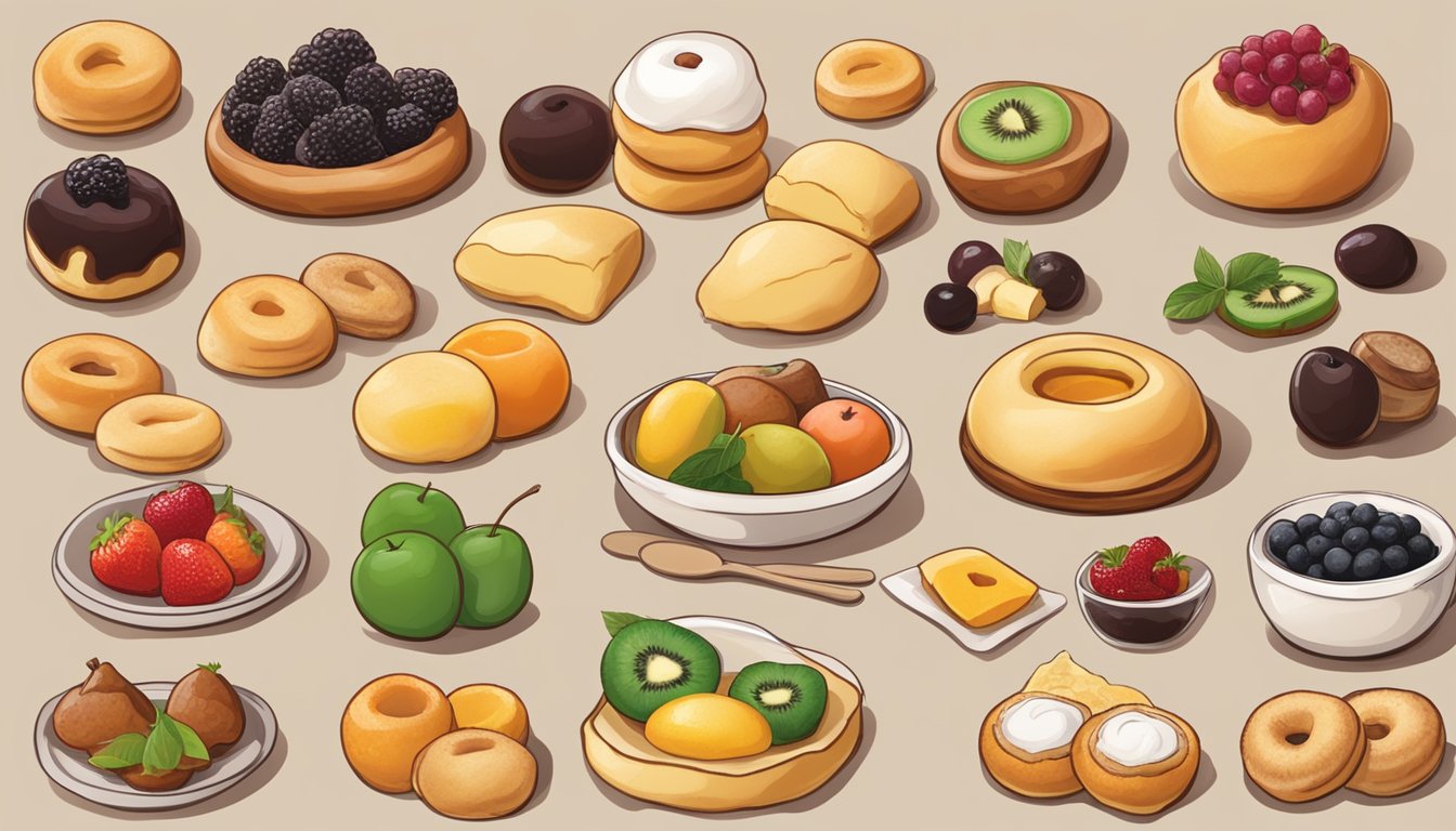 A display of various kolache variations, including traditional fruit-filled, savory, and sweet options, arranged attractively on a table