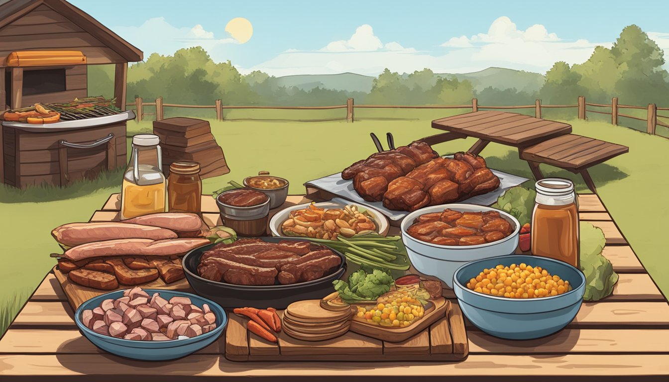 A rustic Texas BBQ spread with various meats, sauces, and sides on a wooden picnic table in a backyard setting