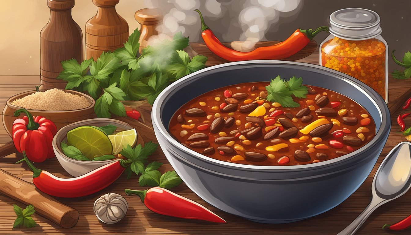 A steaming bowl of Texas-style chili sits on a rustic wooden table, surrounded by vibrant spices and fresh ingredients. The aroma of smoky, spicy flavors fills the air