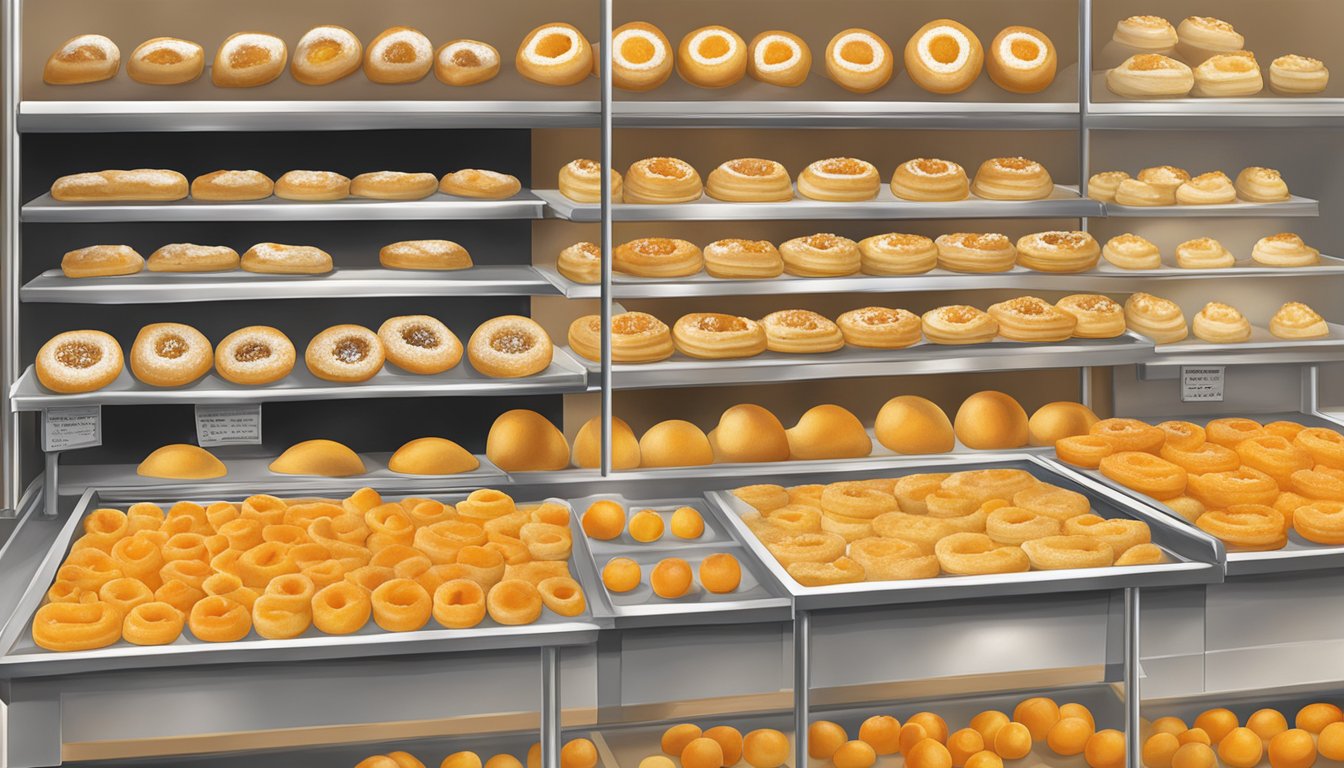 A display of fresh, golden apricot kolaches at Czech Stop in Phoenix, Texas