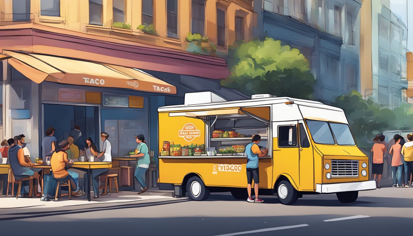 A bustling street corner with colorful food trucks serving up delicious tacos in Sydney