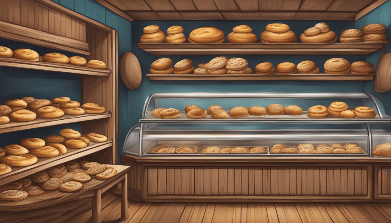 A quaint bakery in Old Town Scottsdale, filled with the warm aroma of freshly baked Pecan Kolaches, displayed on rustic wooden shelves