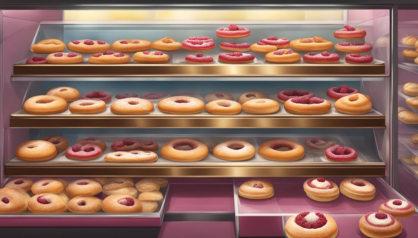 A display case filled with freshly baked Raspberry Delight kolaches at Upper Crust Bakery in Phoenix, Texas