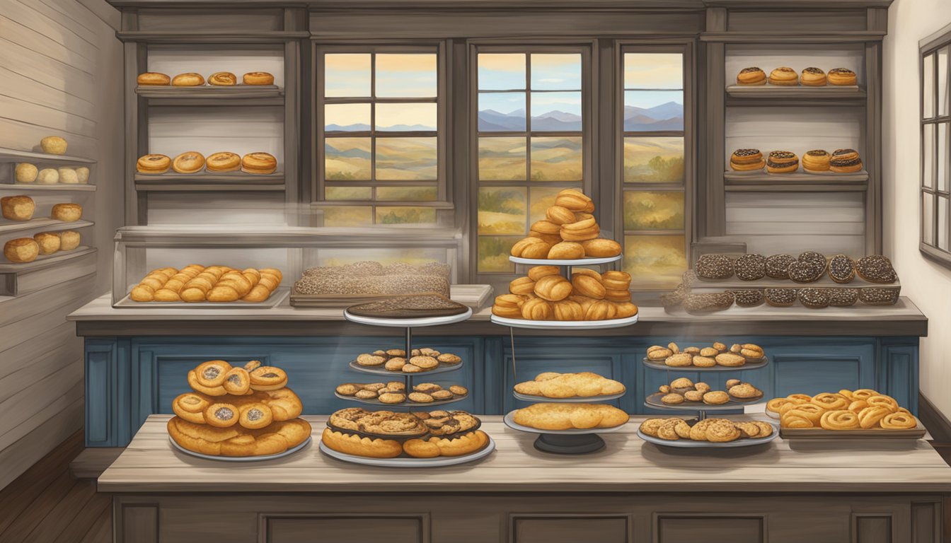 A rustic bakery display with a variety of freshly baked poppy seed kolaches, set against a backdrop of Texas-inspired decor