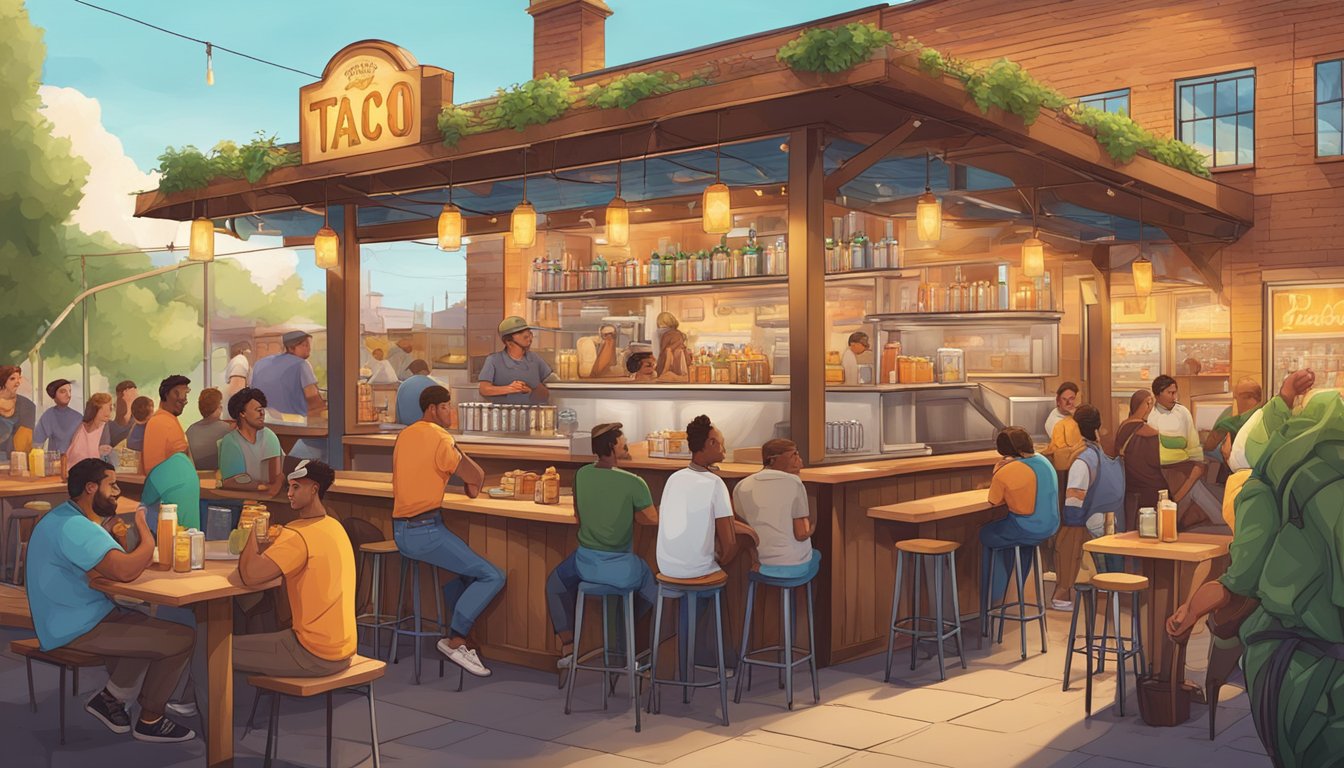 A vibrant brewery with a bustling taco stand, surrounded by happy patrons enjoying delicious food and cold drinks