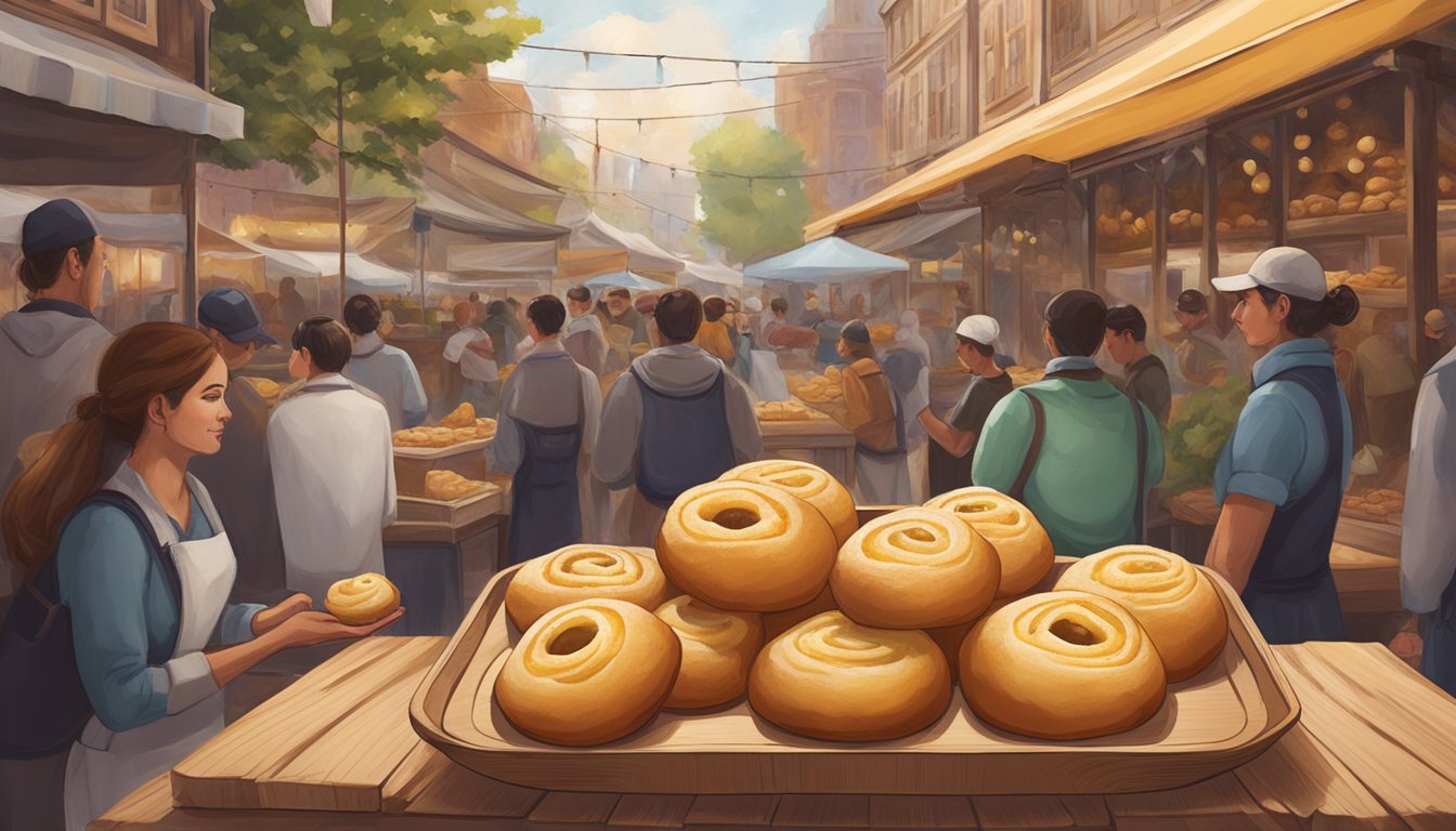 A warm, golden-brown kolache sits on a rustic wooden table, dusted with cinnamon and filled with sweet apple compote, surrounded by a bustling market