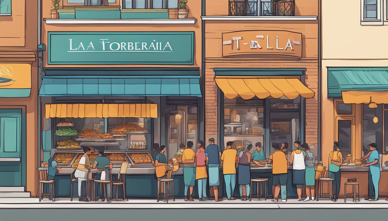 Busy street with colorful storefront. A line of people waiting outside La Tortilleria. A chef grilling tacos on a large open grill