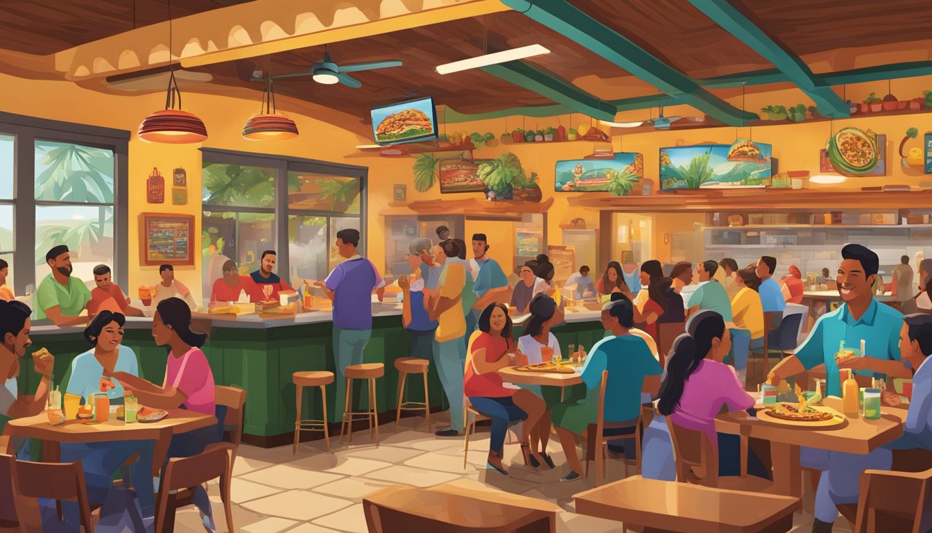 A bustling cantina with colorful decor, sizzling taco grill, and customers enjoying their meals