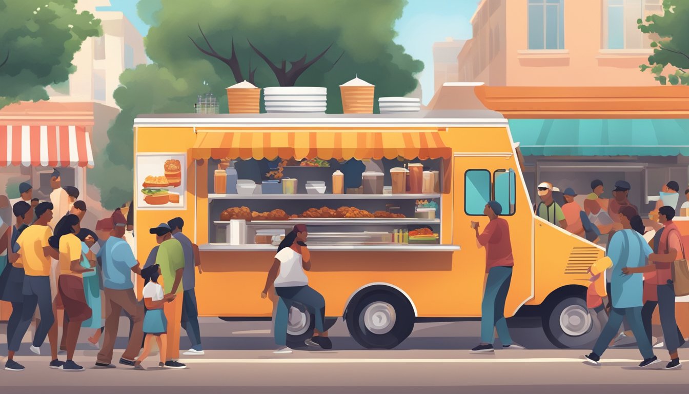 A bustling food truck surrounded by hungry customers, with the tantalizing aroma of sizzling meat and spices filling the air