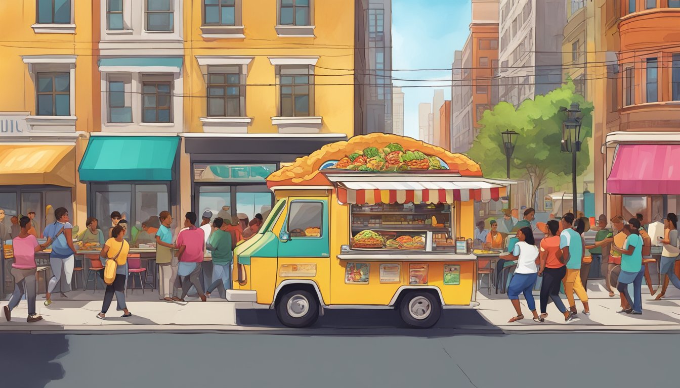 A bustling street scene with a colorful, bustling taco stand, surrounded by eager customers and vibrant city buildings in the background