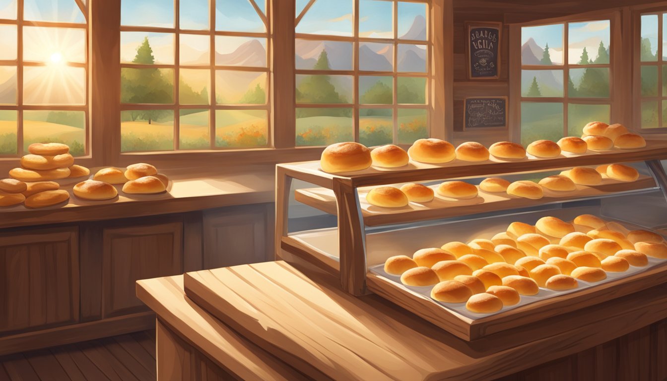 A rustic Texas-style bakery with a display of freshly baked peach kolaches on a wooden counter. Sunlight streams through the window, casting a warm glow on the pastries