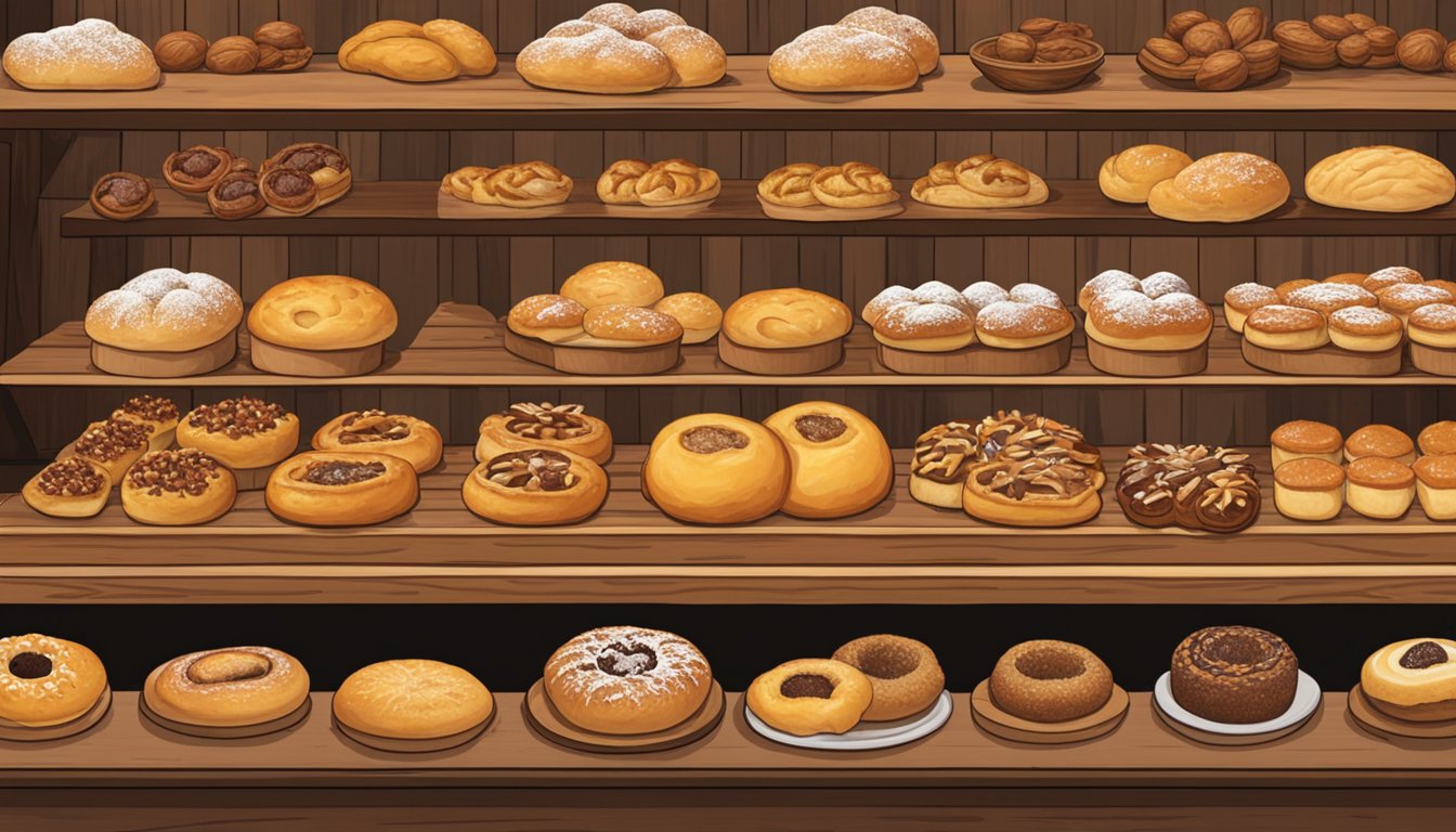 A rustic wooden table displays a variety of freshly baked kolaches, with a focus on the traditional walnut flavor. The warm, inviting atmosphere of Czech It Out's bakery in Phoenix is evident in the background