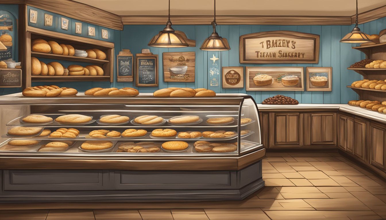 A rustic Texan bakery with a display of freshly baked kolaches in various flavors, surrounded by Texas-themed decor