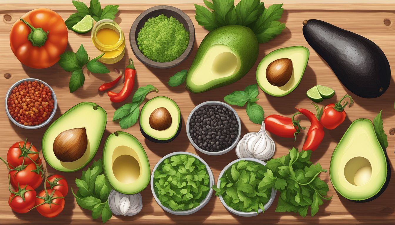 A colorful array of fresh ingredients and vibrant spices, including avocado, cilantro, lime, and chili, all laid out on a wooden cutting board