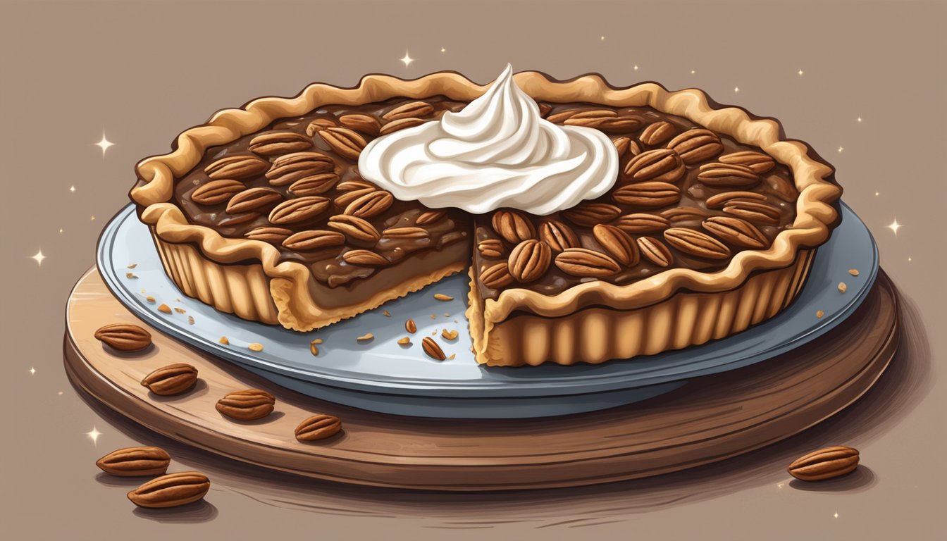 A rustic bakery display showcases a classic pecan pie, surrounded by pecans and a dollop of whipped cream