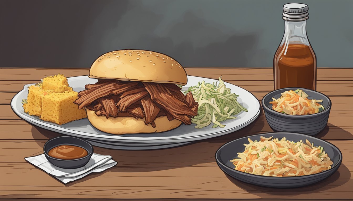 A rustic wooden table with a plate of pulled pork, cornbread, and coleslaw. A bottle of BBQ sauce and a stack of napkins sit nearby