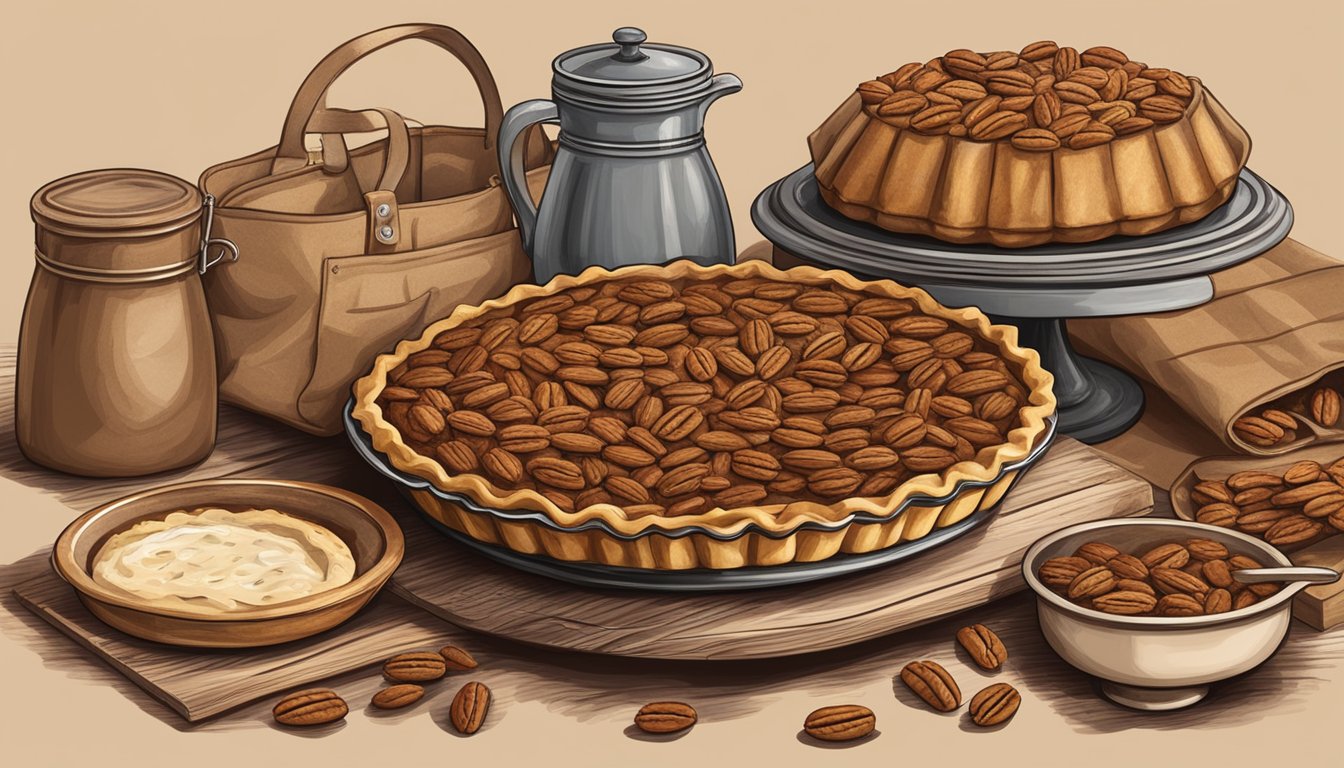 A rustic bakery display showcases a golden-brown pecan pie with a flaky crust, surrounded by bags of pecans and vintage baking utensils