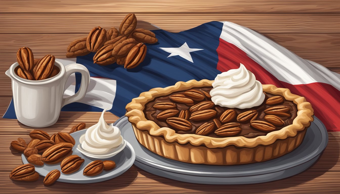 A rustic wooden table with a freshly baked pecan pie, surrounded by pecans and a dollop of whipped cream, set against a backdrop of a Texas flag