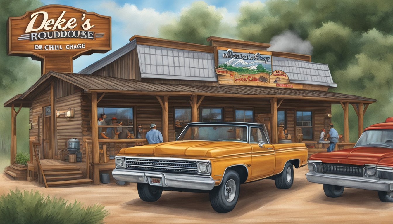 A bustling Texas roadhouse with a rustic exterior, smoke billowing from the barbecue pit, and a sign proudly advertising "Deke's Garage Roadhouse - Texas Chili."