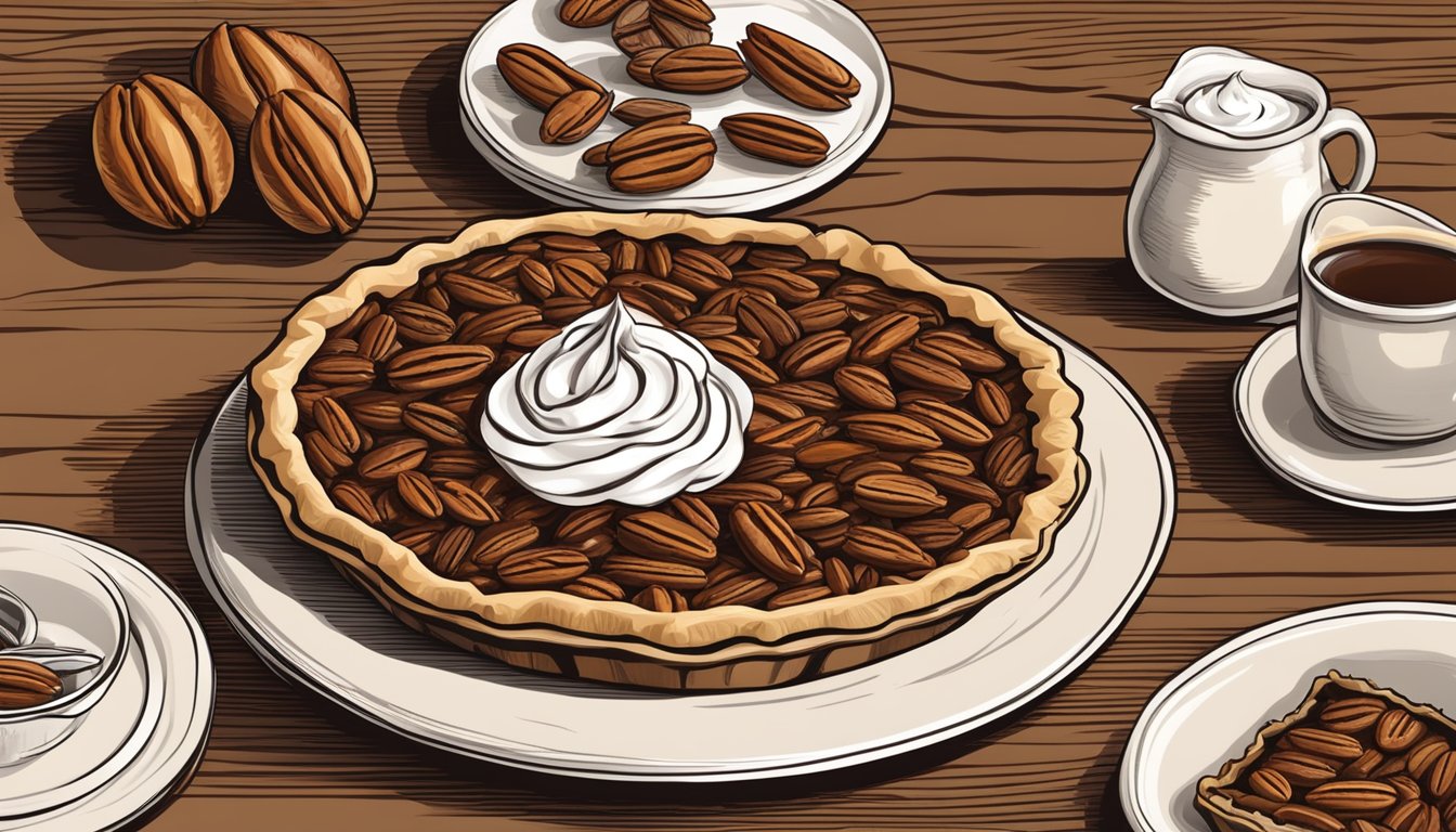 A rustic wooden table set with a classic pecan pie surrounded by whole pecans and a dollop of whipped cream on the side