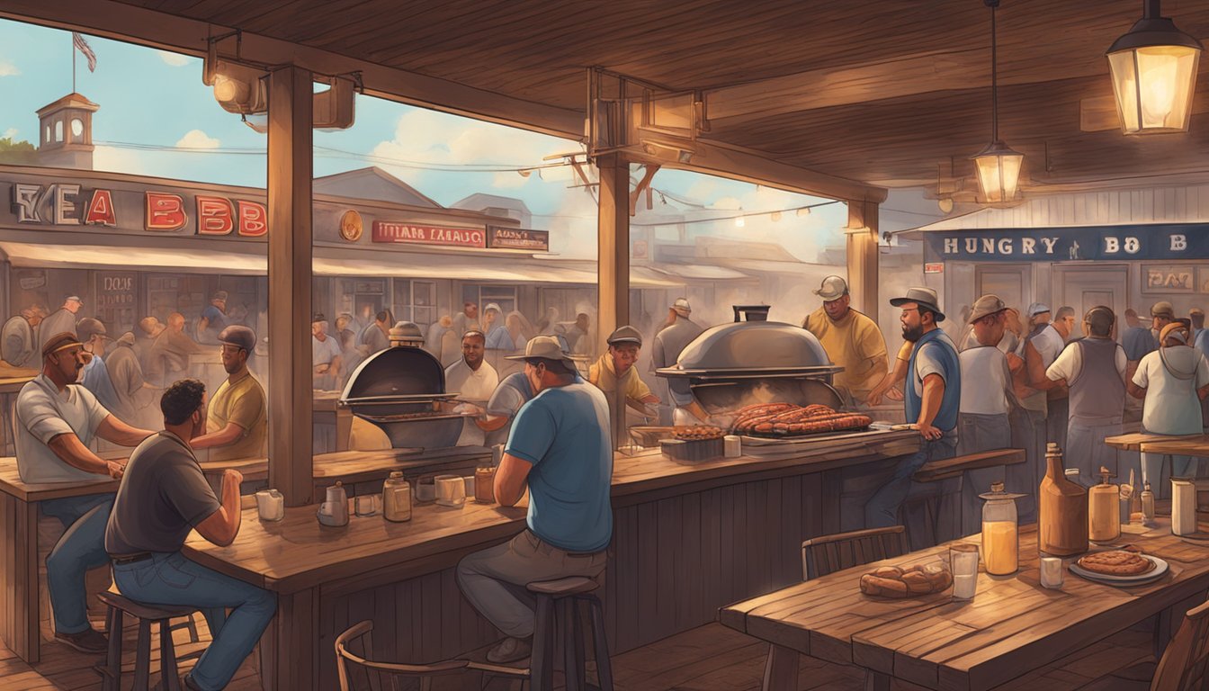 A rustic Texas BBQ joint with smoky sausage sizzling on the grill, surrounded by hungry patrons enjoying the unbeatable flavor of authentic Texas BBQ in Philadelphia