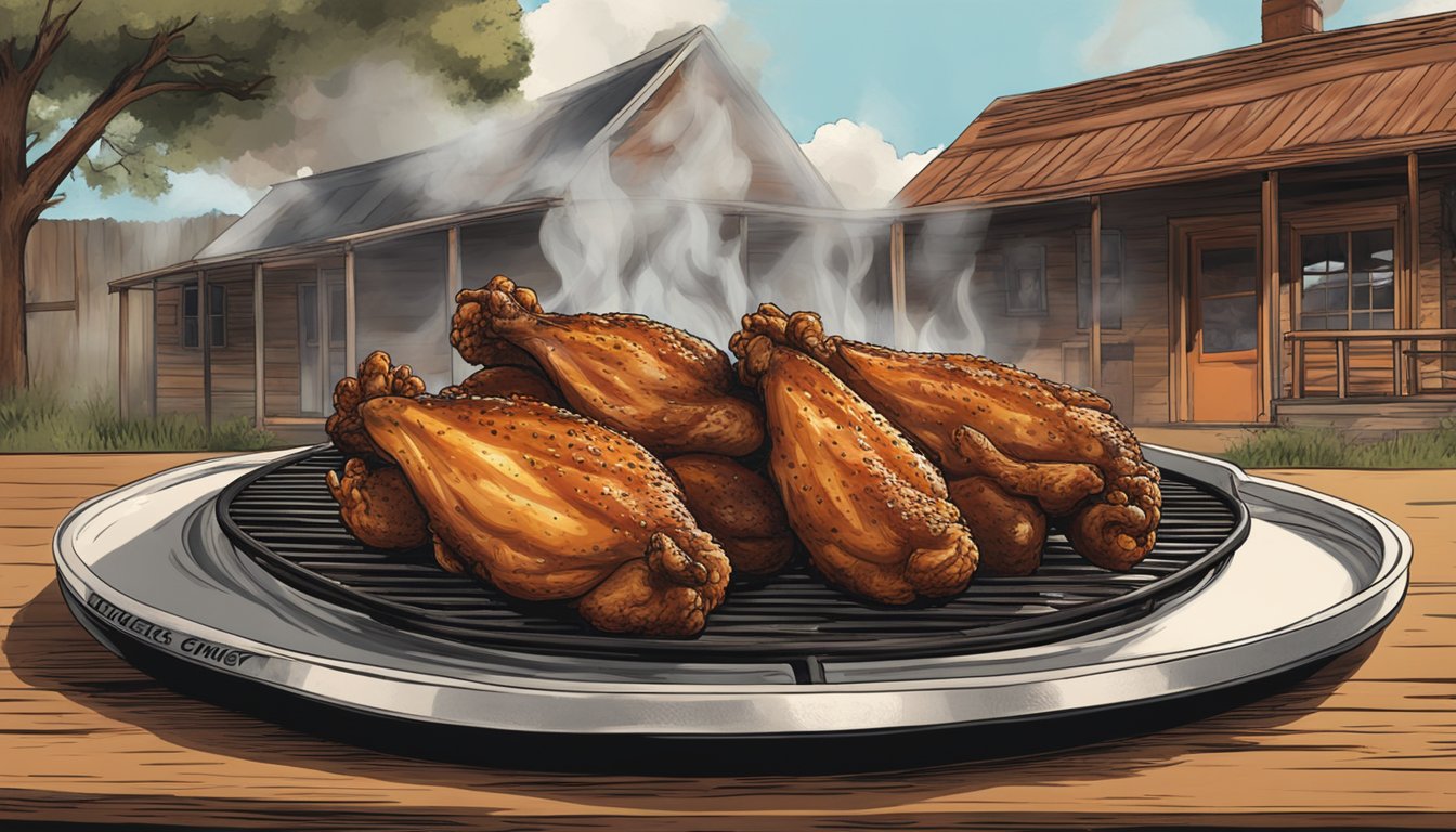 Hickory smoke billows from a grill, enveloping plump chicken wings. A rustic Texas BBQ joint stands proudly in the background, beckoning with unbeatable flavor