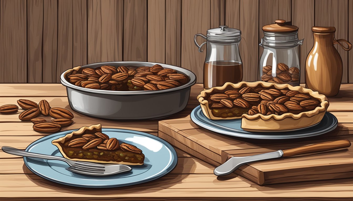 A rustic kitchen with a wooden table set with a pecan pie, surrounded by pecans and a rolling pin