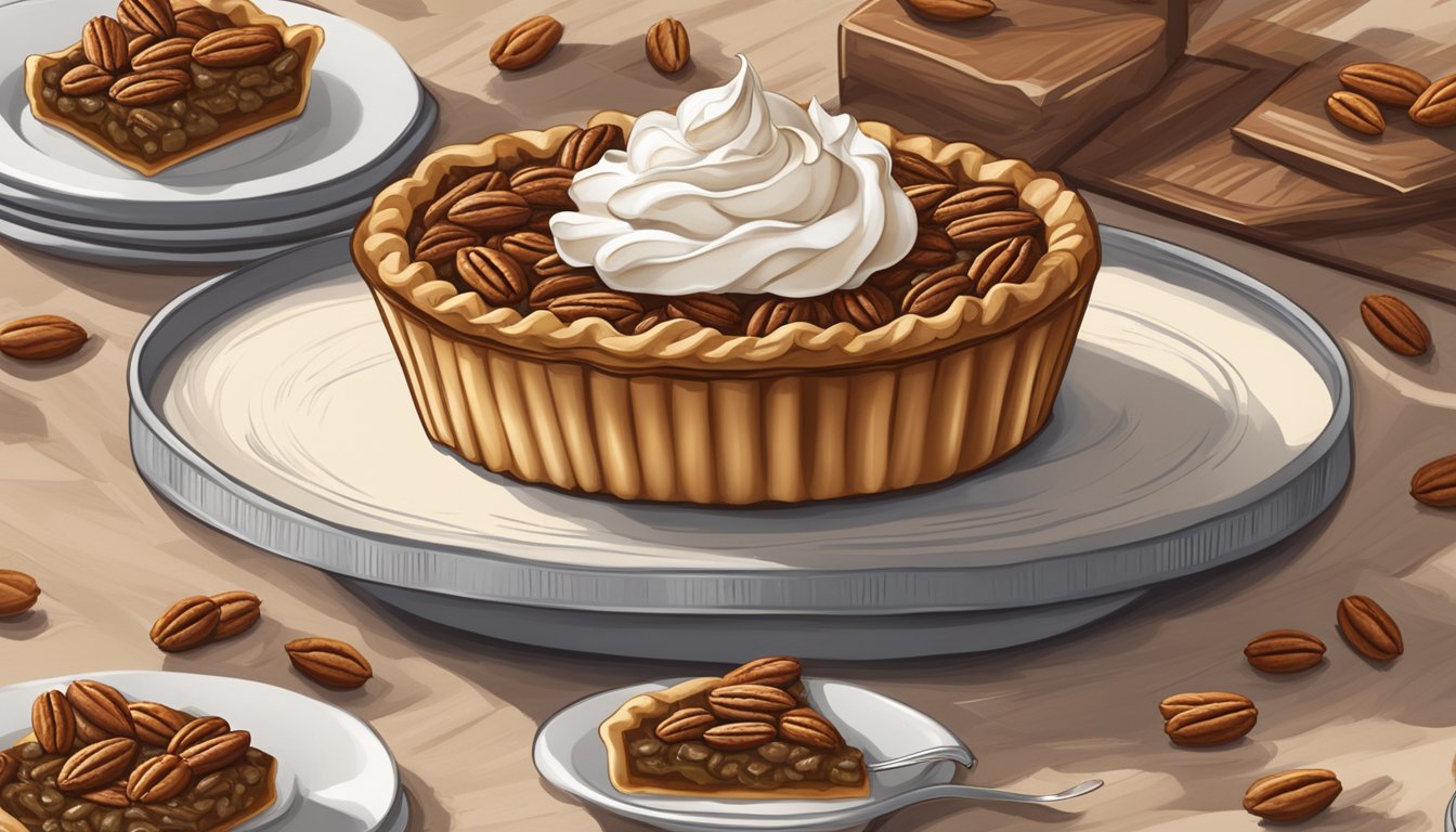 A rustic bakery display showcases a golden-brown pecan pie, surrounded by whole pecans and a dollop of whipped cream