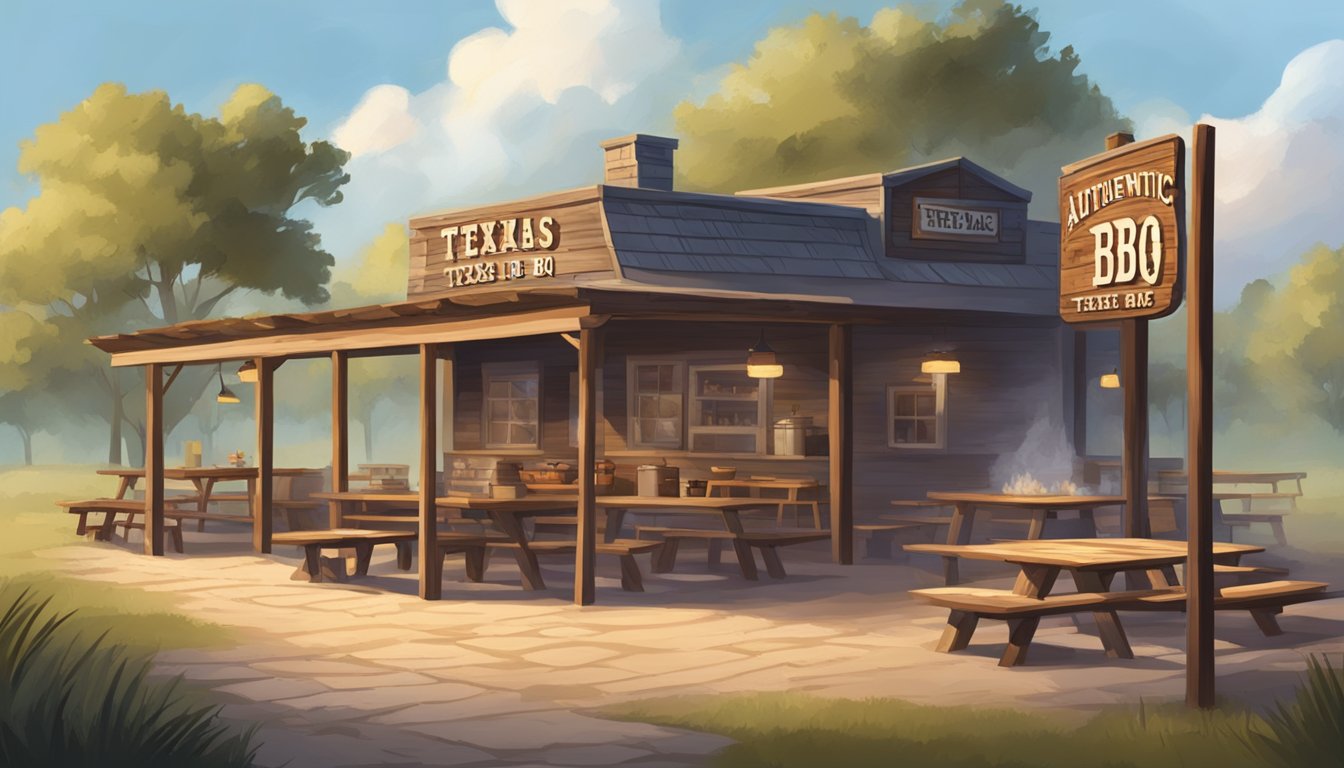 A rustic outdoor Texas BBQ joint with a smoky pit, wooden picnic tables, and a sign boasting "Authentic Texas BBQ."