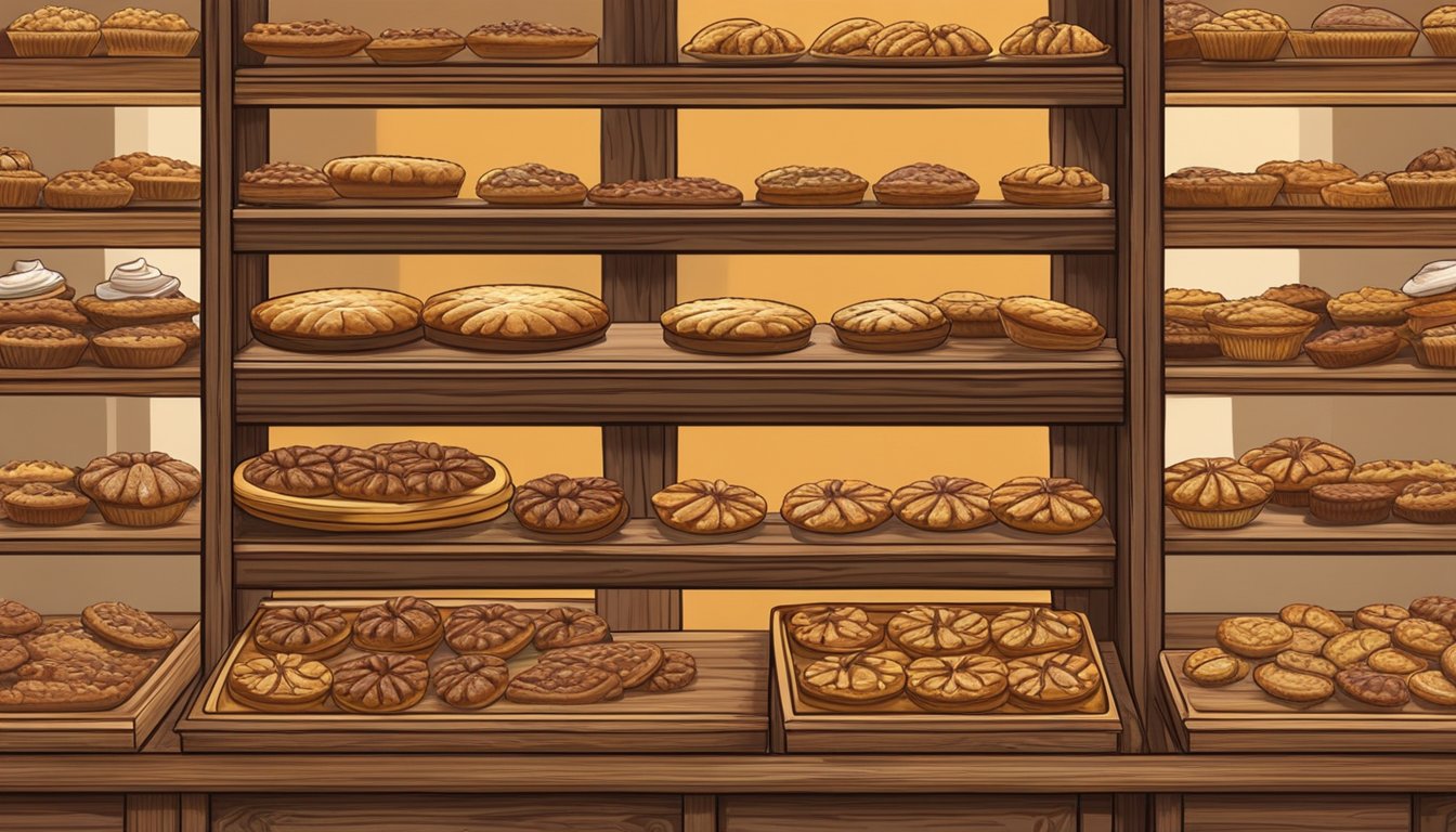 A rustic bakery in Los Angeles, filled with the warm aroma of freshly baked pecan pies. A display case showcases golden brown pies topped with a generous layer of pecans