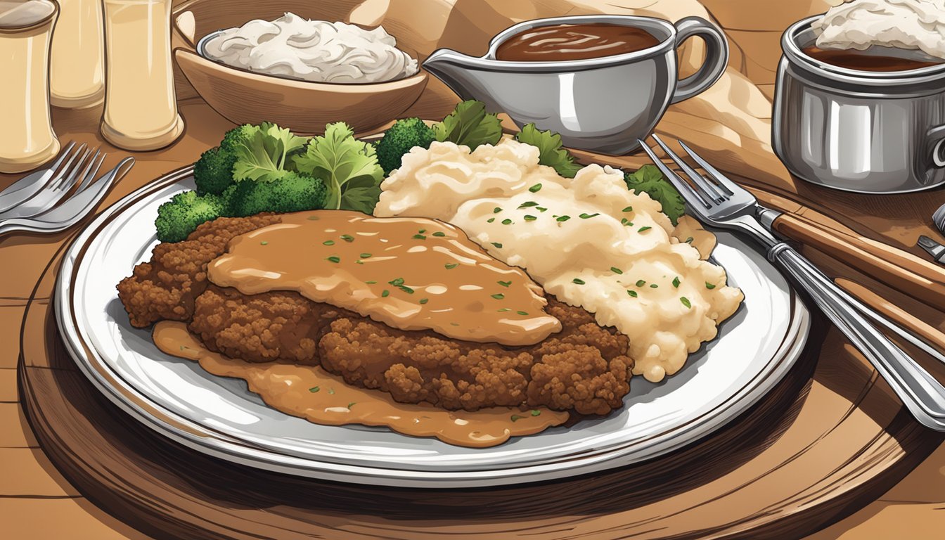 A sizzling chicken fried steak on a plate with creamy mashed potatoes, smothered in rich brown gravy, surrounded by classic Texas-style decor