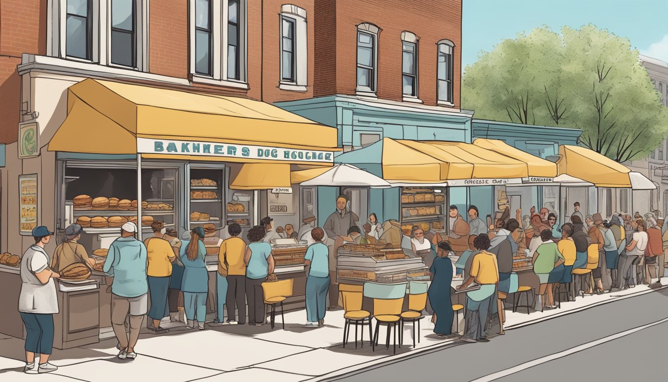 A bustling bakery with a vintage hot dog stand outside, surrounded by eager customers sampling the best authentic kolache in Chicago