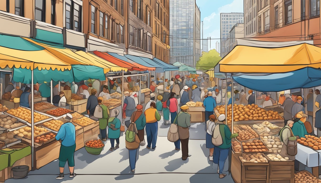 A bustling street market with colorful stalls selling traditional Polish pierogi and kolache in Chicago