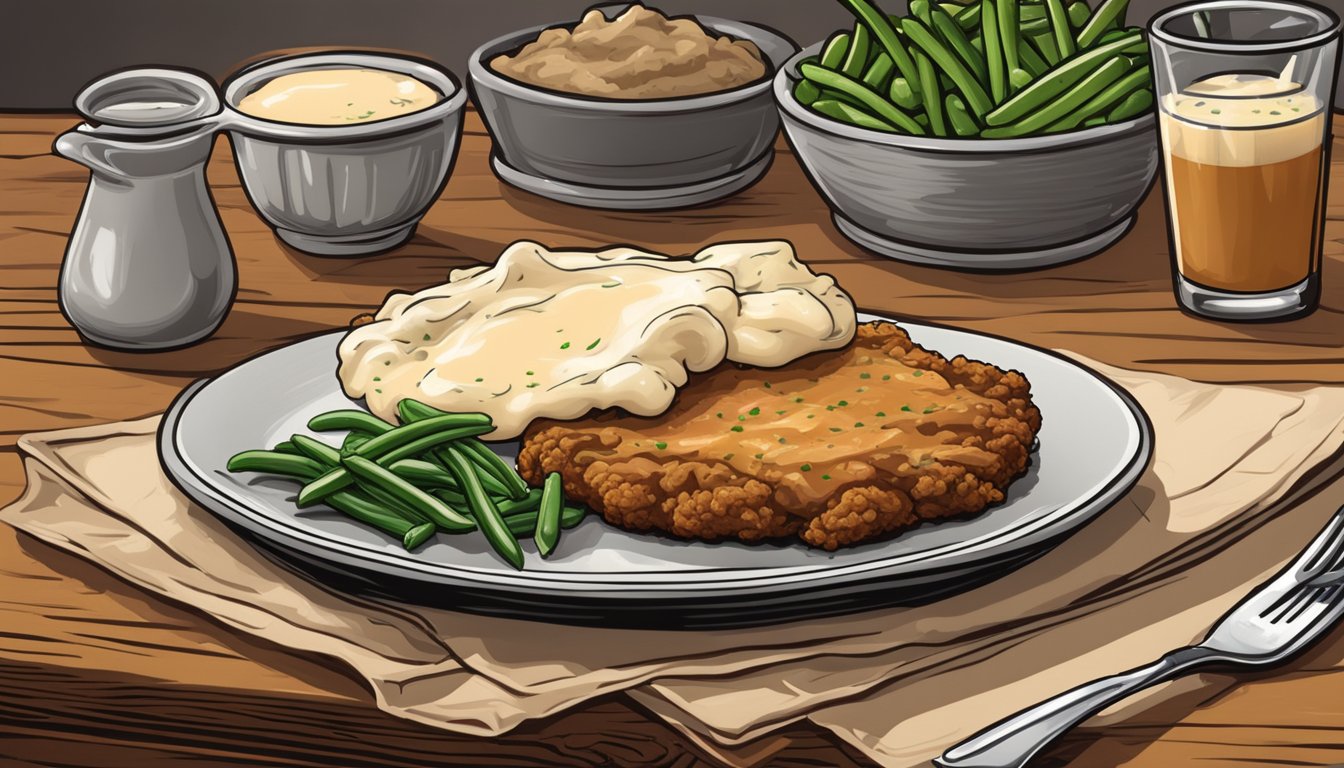 A sizzling chicken fried steak with creamy gravy and a side of mashed potatoes and green beans, served on a rustic wooden table in a cozy Chicago restaurant