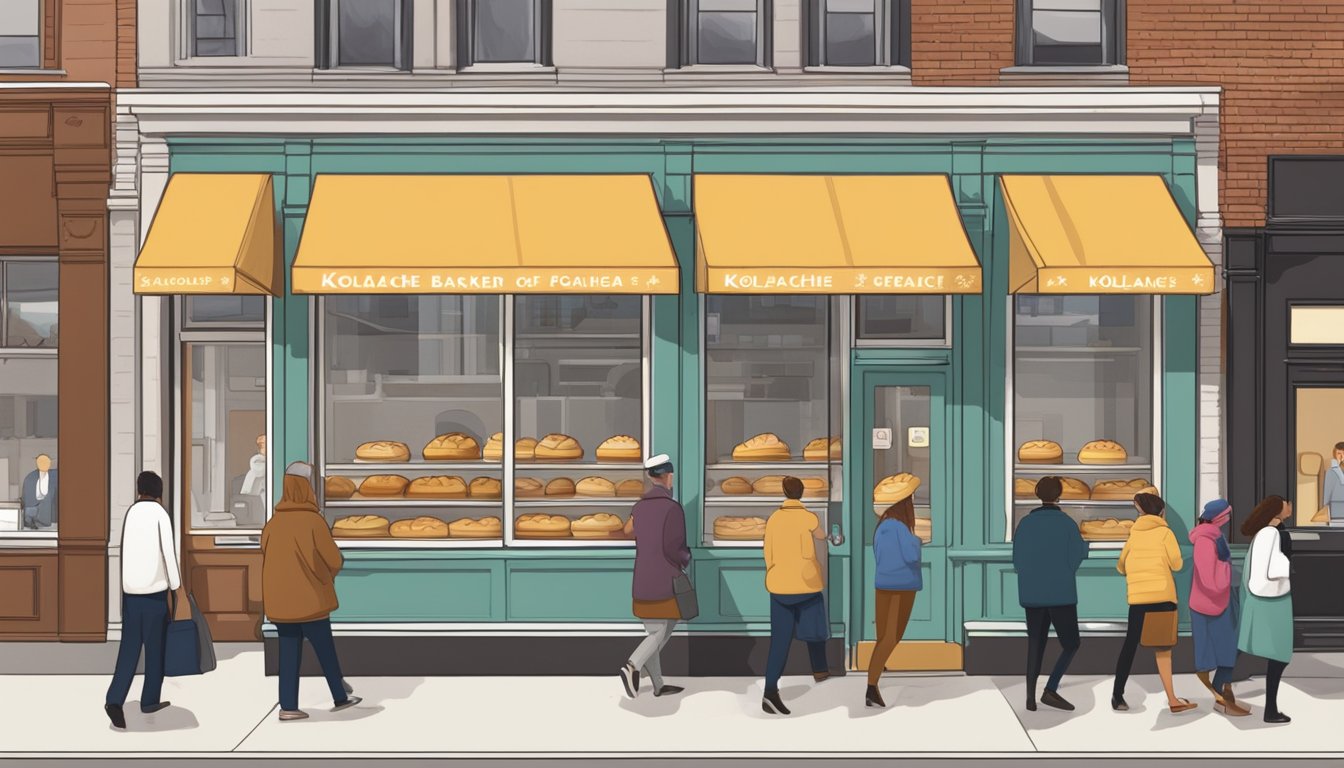 A bustling Chicago Kolache Company storefront with a line of eager customers, the aroma of freshly baked pastries filling the air