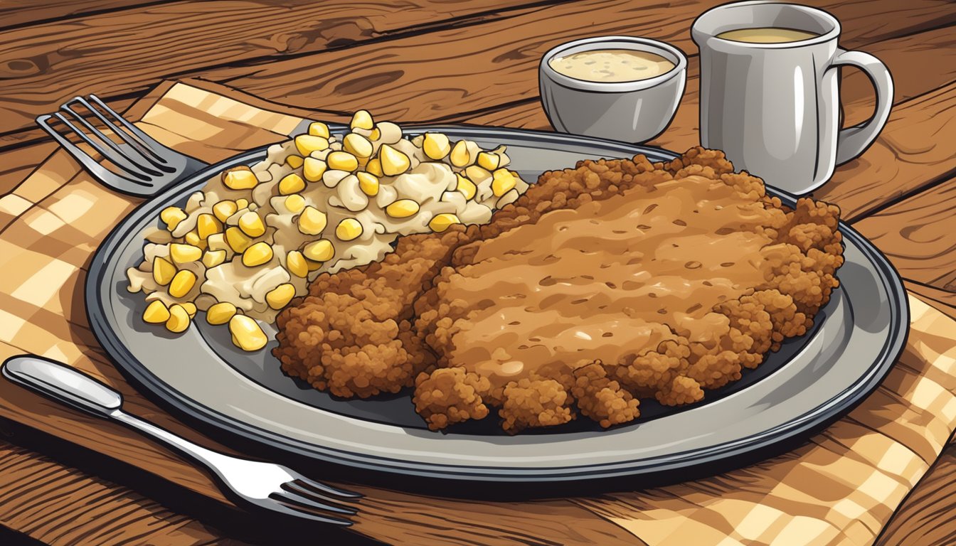 A sizzling chicken fried steak with creamy gravy, accompanied by a side of mashed potatoes and buttery corn, served on a rustic wooden table