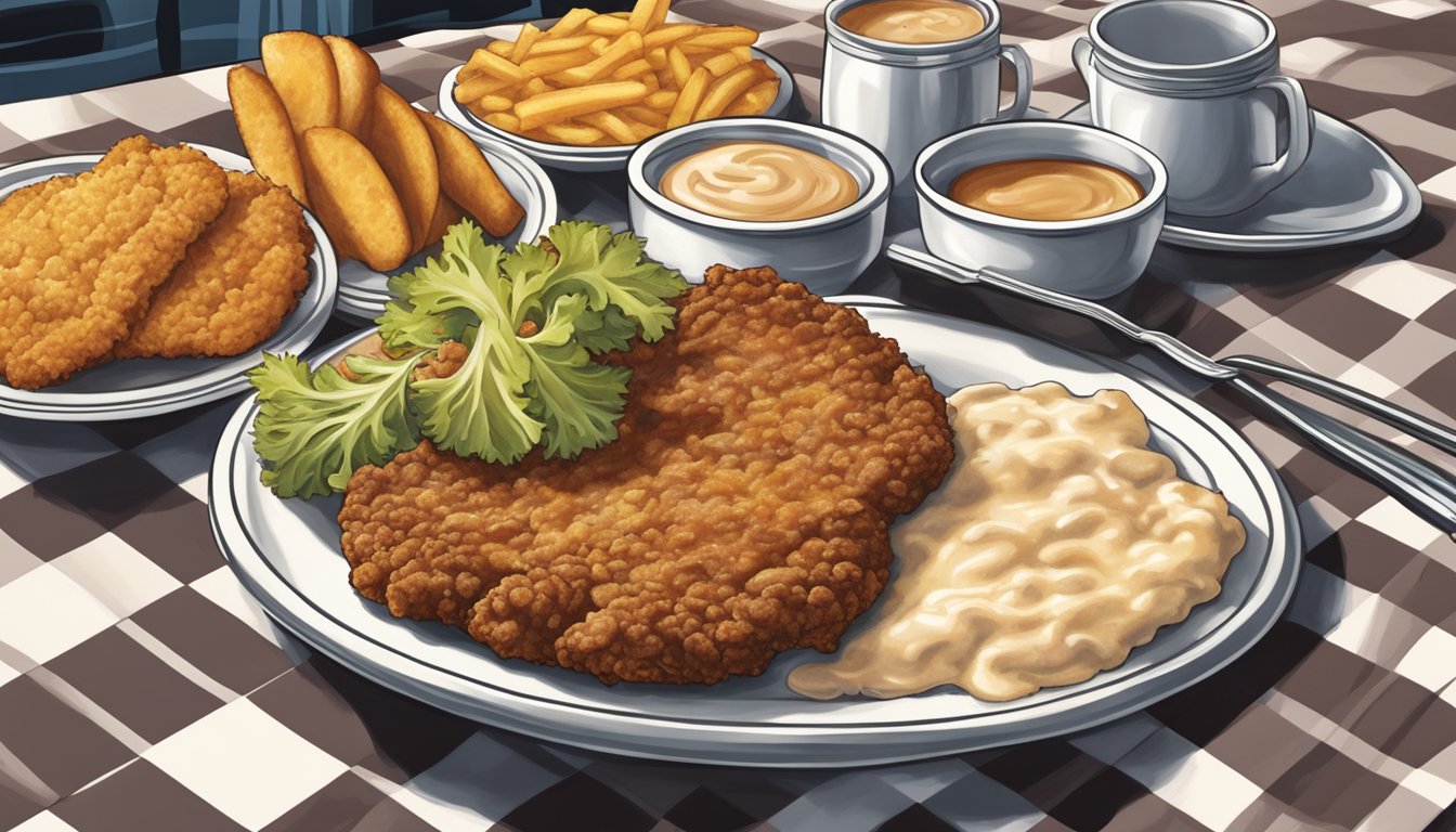 A sizzling chicken fried steak on a checkered tablecloth in a bustling Chicago diner