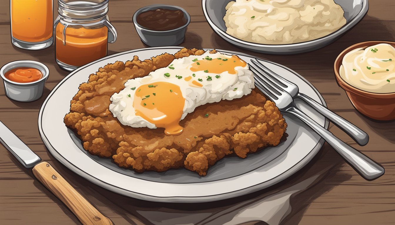 A sizzling Texas-style chicken fried steak on a rustic plate, surrounded by hot sauce and a side of creamy mashed potatoes