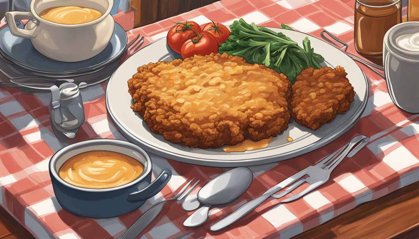 A sizzling chicken fried steak on a checkered tablecloth in a cozy Chicago kitchen