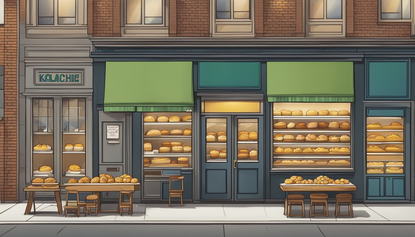 A bustling Kolache Factory storefront in Chicago, with a colorful display of freshly baked kolaches and a line of eager food lovers waiting to sample the authentic pastries