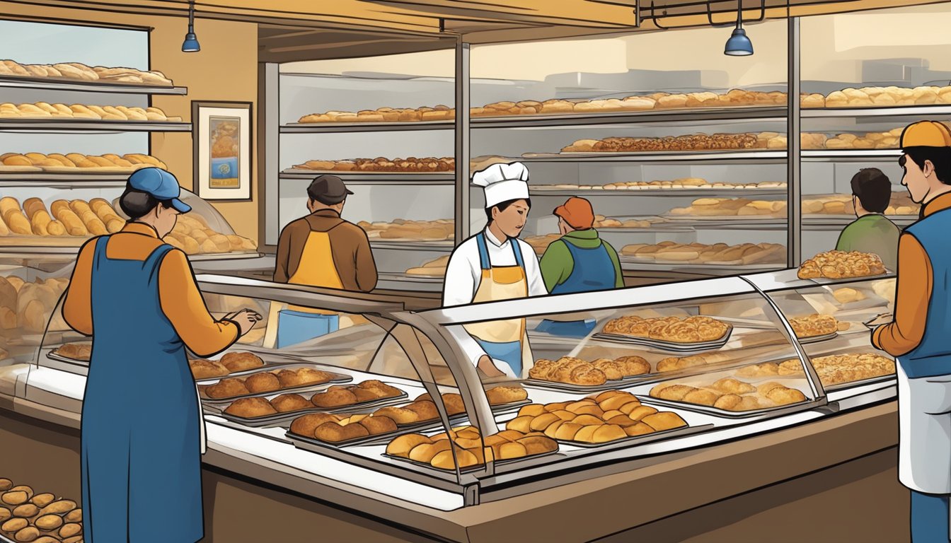 A bustling bakery in Chicago, filled with trays of warm, golden kolaches. Customers eagerly select from a variety of flavors, savoring the authentic taste of Texas