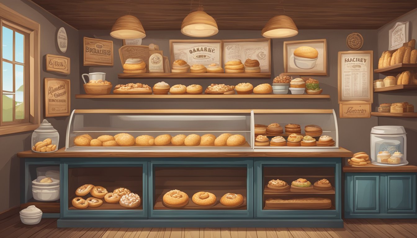 A cozy Bohemian House bakery with a display of assorted kolache on a rustic wooden counter, surrounded by vintage food posters