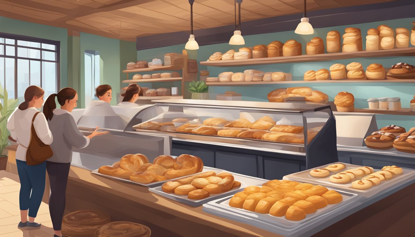 A bustling bakery with a warm, inviting atmosphere. Shelves filled with freshly baked kolaches in various flavors. Customers enjoying their treats at cozy tables