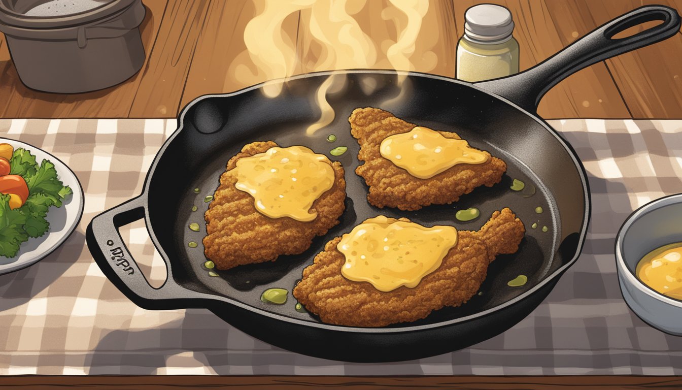 A sizzling cast iron skillet holds a golden-brown chicken fried steak, surrounded by bubbling hot oil. A chef's apron and spatula lie nearby