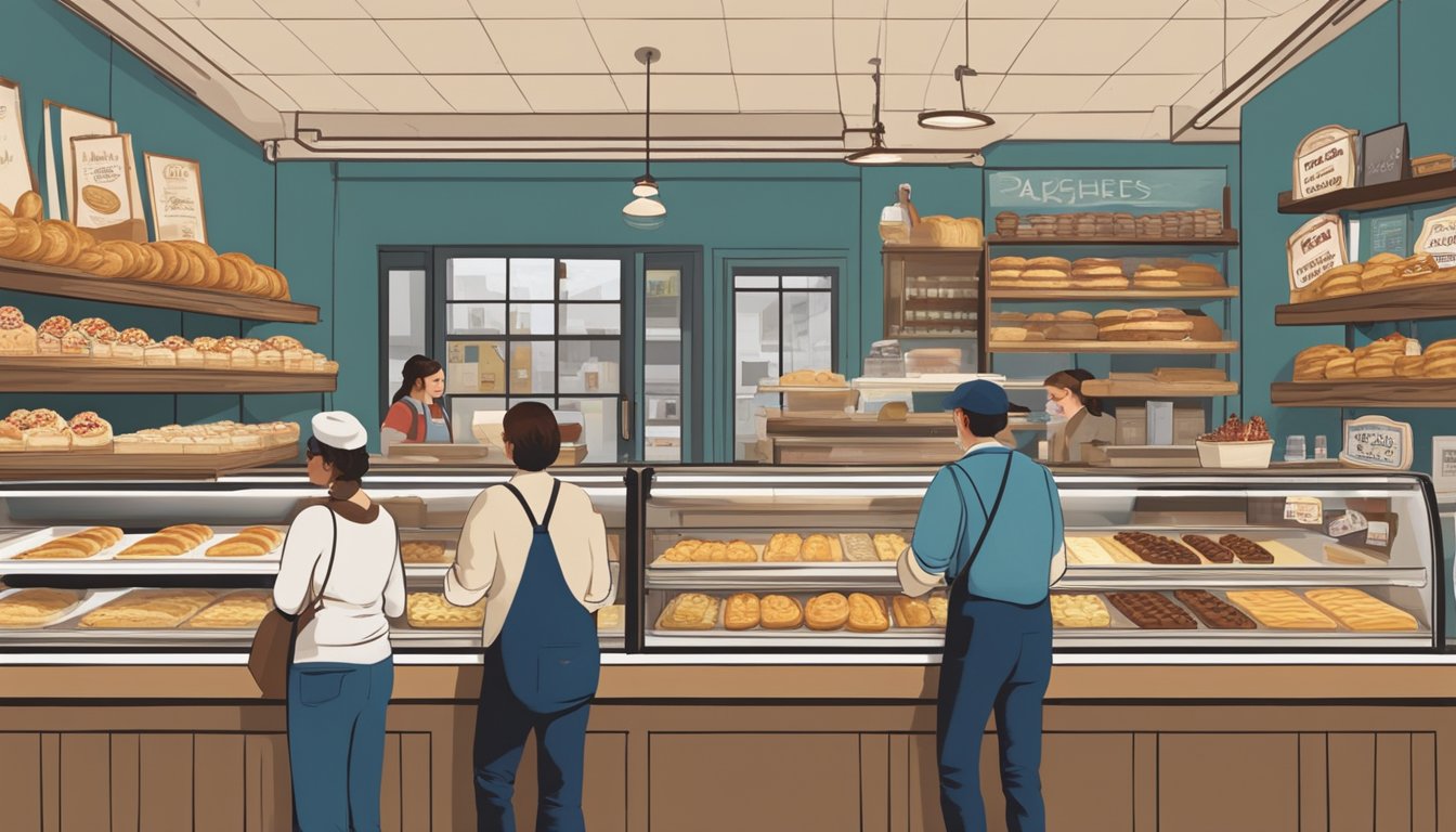 A bustling Chicago bakery with shelves of freshly baked kolaches, a chalkboard menu, and eager customers sampling the authentic Czech pastries